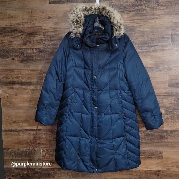 Jones New York Down Quilted Puffer Parka XL Faux Fur Blue Preppy Outdoor Winter - Picture 1 of 16